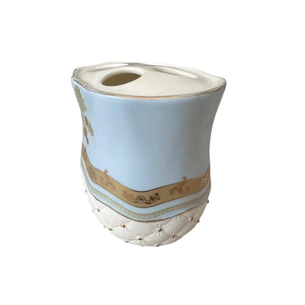Vintage Croscill Napoleon Ceramic Toothbrush Holder Blue Quilted Floral 1986